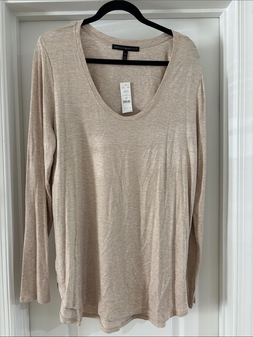 White House Black Market Beige Long-Sleeve Scoop Neck Top